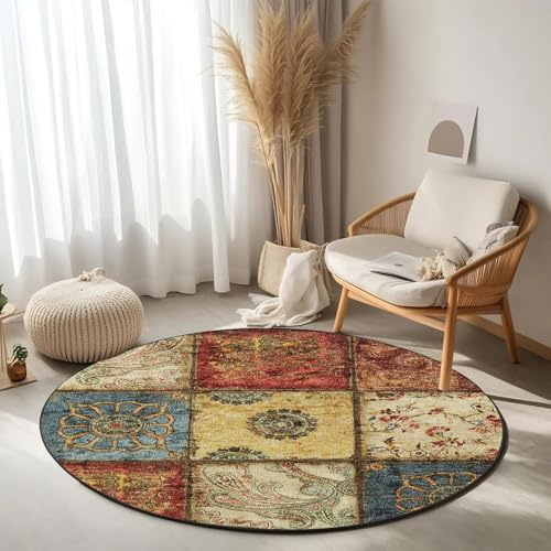 WTHYGB KUZRZNH Rund Teppich, Waschbarer Runder Teppich, rutschfest,120cm | Weicher Kunstwolle VintageTeppich für Wohnzimmer, Schlafzimmer, Küche, Kinderzimmer, Esszimmer und Büro #Y20
