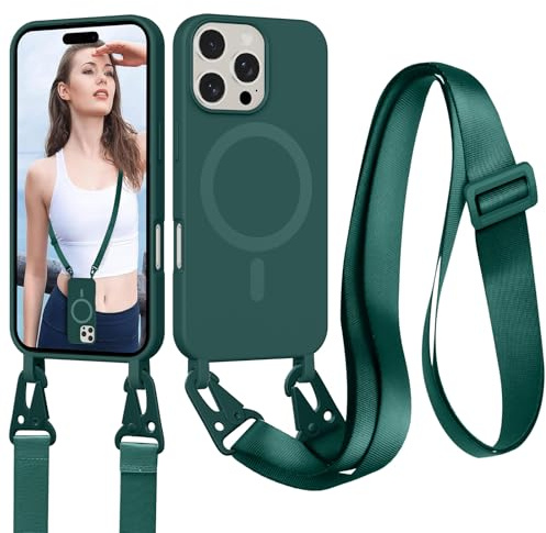 Yxnvixn Crossbody Lanyard Case for iPhone 16 Pro Max, Compatible with MagSafe, Liquid Silicone TPU Soft Shell Shockproof Magnetic Protective Phone Cover with Adjustable Strap Neck Cord Necklace, Green