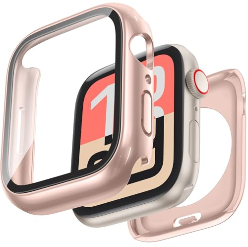 HWeggo [2 en 1] para Funda Protectora Impermeable para Apple Watch 40 mm SE 3/SE 2 generación/SE/Serie 6/5/4 Accesorios, Cubierta Protectora de PC 360, Cristal Templado (Oro Rosa)