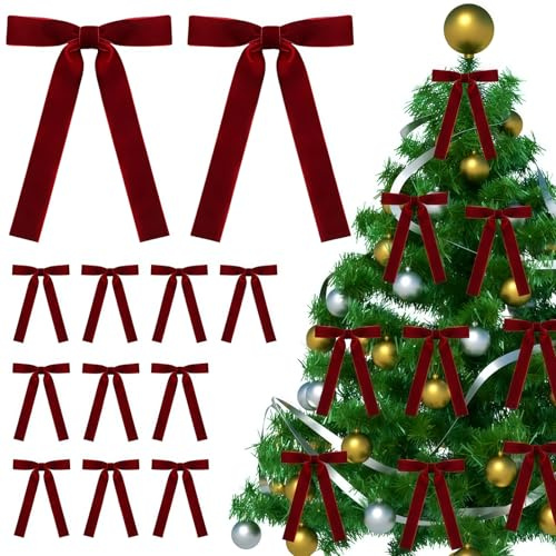 Christmas Tree Bows, 12 Pcs Wine Red Velvet with Twist Ties for Christmas Tree Decorations，Red Bow Tie Xmas Wreath Ornament Set