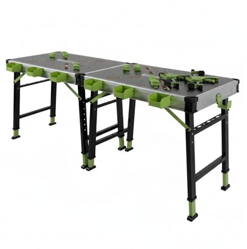 TRUTZHOLM Werkbank 2er-Set, 60 x 85 cm, klappbar, 73–88,5 cm, je 450 kg | Je Tisch 2 Schnellspanner, 4 Haltebacken und 3 Sortierkästen, mit Tragegriff, Anti-Rutsch-Füßen und Verbindungselementen