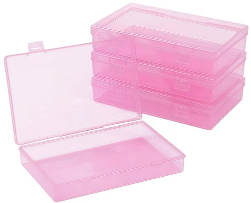 Forever bene 4-Piece Pink Plastic Boxes, 18 cm x 11 cm x 3 cm | Clear walls and hinged lids help sort beads, jewellery findings, sewing notions, desk pieces and small hardware