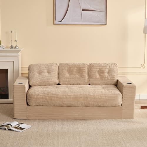 Litbird 3-Sitzer Sofa 190 cm für Wohnzimmer,Set of Boneless Cord-Bodensofa mit Kissen, Armlehnen & Doppel-Getränkehaltern, mit Rückenlehne, kein Aufbau nötig, kleines Mini Sofa, Hellbraun