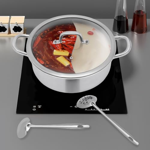 Edelstahl Hot Pot mit Deckel, 28cm Hotpot Geteilte Pfanne mit 2 Löffeln, Hotpot Topf Dual Hot Pot Topf Verdickt Trennsuppe für Induktionsherd & Gaskocher