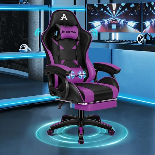 ALFORDSON Gamingstuhl, Bürostuhl, mit 2-Punkt-Massage, Fußstütze, Kopfstütze und Lendenkissen, 150° verstellbare Rückenlehne, PU-Leder, Lila