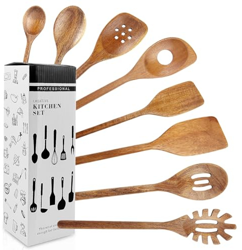 8 Piezas Cuchara de Madera, Resistentes a Deformaciones y Roturas, Juego de Cucharas de Madera para Cocinar, Versátiles para Usar con Sartenes Antiadherentes, Cazuelas y Mucho Más (Marrón)