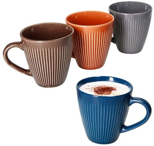 MamboCat Amor 4tlg Set Kaffeebecher I 260ml I Keramik Becher mit Rillenstruktur I Terrakotta, Braun, Blau & Grau I für Kaffee, Tee, Kakao, Latte Macchiato