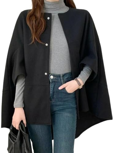 Minetom Damen Umhang Elegant Frühling Poncho mit Knöpfen Wollmantel Warm Mantel Cape