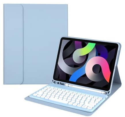 NXCVBNKZJ kuaijiexiaopu Runde Tastenkappen-Tastatur-Schutzhülle aus Leder, geeignet for Samsung Galaxy Tab A8 10,5 Zoll(Misty Blue+Keyboard)
