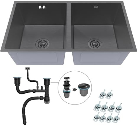 ANW HOME Fregadero de cocina de acero inoxidable, fregadero de cocina con dos compartimentos 80 x 45 cm, acero 304, grafito PVD, nano, grosor de 3,0/1 mm, con sifón