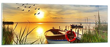 Moderne Impression sur Verre Bateau Lac Coucher de soleil l'été les gens Image Tableau en Verre Decoration Murale 90x30cm Deco Salon Chambre Panoramique Petit Tableaux Decoratifs Art GAB90x30-3053