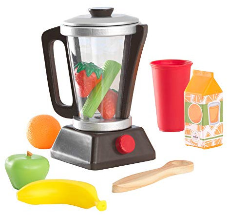 KidKraft Batidora de Vaso de Juguete de Madera Espresso con Frutas, Accesorios de Cocina de Juguete, Electrodomésticos Cocina para Jugar, Juguetes niños 3+ años (63376)