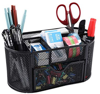 EasyPAG Office Mesh Desk Tidy Versatile Stationery Storage Desktop Organiser Pen Holder with Drawer,Black