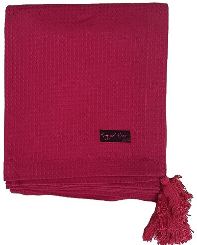 Ragged Rose 140 cm x 180 cm Waffle Throw - Versatile Indoor & Outdoor Throw Waffle Weave Cotton with Corner Tassles - Cotton Throws for Sofa & Bed (Pink)