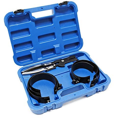 Wiltec Kolbenringspannband Set mit 6 Spannbändern 73-111 mm, inkl. Spannzange und Koffer zum Zusammendrücken der Kolbenringe, zur Montage von Kolben