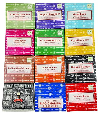 Satya Sai Baba Nag Champa Incense Dhoop Cones for Meditation, Yoga and Stress Relief - 12 Pack, 144 Cones with Natural Fragrance