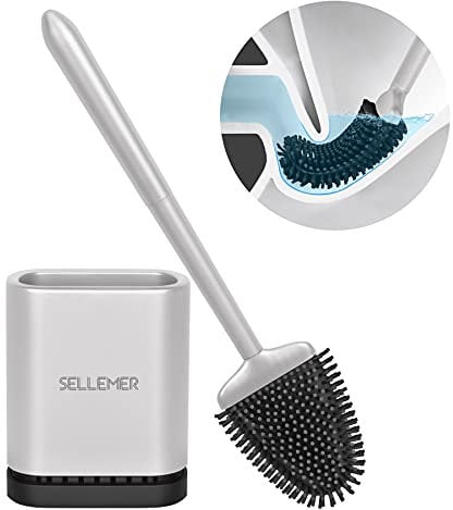 Sellemer Brosse WC Silicone, Balai WC Montage Mural/au Sol, avec Support Ventilé à Séchage Rapide, Brosse Plate pour Toilette de Salle de Bain(Argenté)
