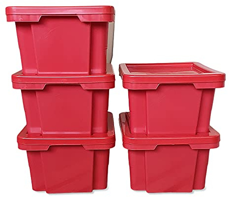 kanister-vertrieb® 5er-Set Aufbewahrungsbox, Kunststoffbox Box mit Deckel stapelbar, für Lebensmittel, PP-Kunststoff, 20 L, 43x35x23 cm (rot)