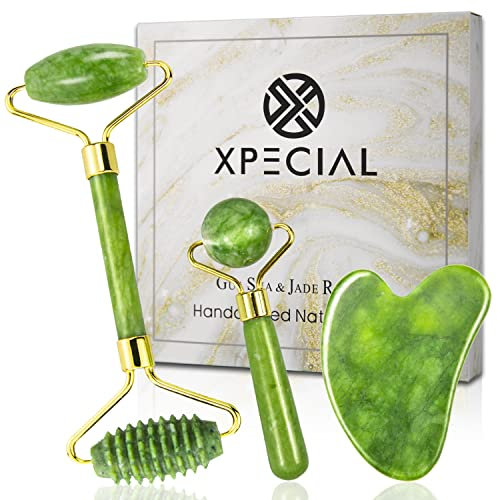 Gua Sha & Jade Roller 3 in 1, Face Roller, Xpecial Guasha Facial Massage Skin Care Tool Set, Massager for Removal of Wrinkles & Eye Puffiness, Anti-Aging & Body Relaxation