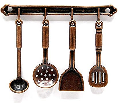 Puppenhaus-Utensilien-Set mit Ständer, Bronze, 1:12 Küchenzubehör