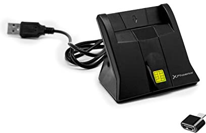 Phoenix Technologies - Lector de Tarjetas DNI USB | Incluye Adaptador Tipo C | Compatible ISO7816 | Conexión USB 2.0 | Normas PC-SC 1.0 y 2.0 | Ideal para Uso Remoto