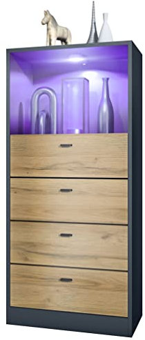 Vladon Kommode Pino V3, Made in Germany, Anrichte mit 4 Schubladen & 1 offenem Fach, Anthrazit matt/Eiche Natur mit LED RGB (56 x 125 x 36 cm)