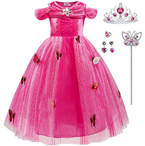 LiUiMiY Robe Princesse Fille Belle au Bois Dormant Deguisement Costume Aurore Enfant Papillon Carnaval Halloween Fêtes Noël Anniversaire avec Accessoires, Rose-B, 128-134 (Étiqueter 130)