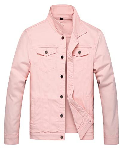 LAMKUKU Giacca da uomo in denim strappata Slim Jean Jacket cappotto per uomo, Rosa-720, Medium