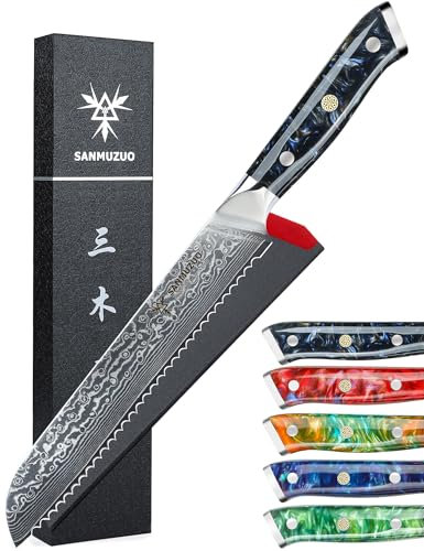 SANMUZUO Brotmesser mit Wellenschliff, Damastmesser 20 cm Klinge - Damaskus Stahl Küchenmesser mit Harzgriff - Xuan Serie(Sternenschwarz)