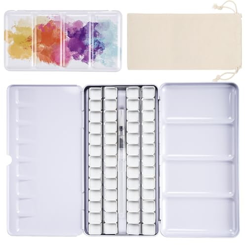 PEVART 55-teiliges Set: 1x Leere Aquarellkasten Aquarelldose Metallkasten Farbkasten leer Mal-Paletten, 52x Leere Aquarell Pfannen Wannen Näpfen für Aquarellfarben, 1x Wassertankpinsel, 1x Stoffbeutel