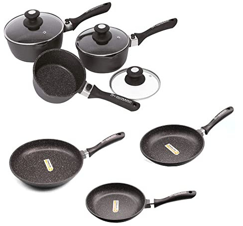 Schumann Professionnel - Lot 3 Casseroles 16/18/20cm - 3 Pôeles 20/24/28cm - Compatibles Tous feux dont Induction - Fonte d'Aluminium Sans PFOA - Manches Fixes et Amovibles - Couvercle Inclus