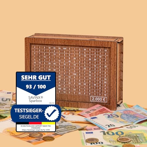 SparBox (4 Größen)- Wiederverwendbare Spardose mit Sparziel und Zahlen zum ankreuzen (2000€) Braun