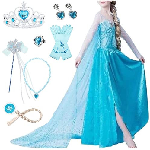 Timesun ELSA Mädchen Prinzessin Elsa Kleid Kostüm Karneval Cosplay Eisprinzessin Set aus Diadem, Handschuhe, Zauberstab, Perücke,Halskette,Ohrringe,Ringe,Handbag (Schneeflocken, 140)