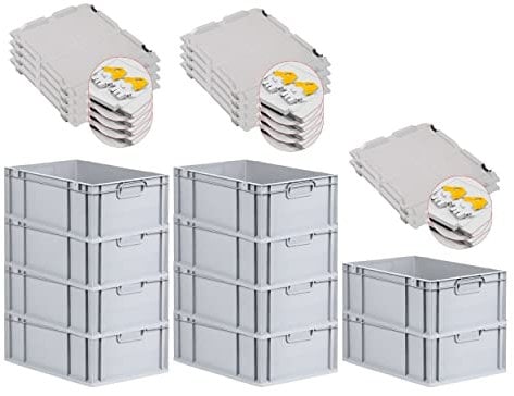 PROREGAL SuperSparSet 10x Eurobox NextGen Grip mit Scharnierdeckel und gelben Schiebeschnappverschlüssen, HxBxT 22x40x60cm, 44 L, Grau, Griffe geschlossen, Eurobehälter, Transportbox