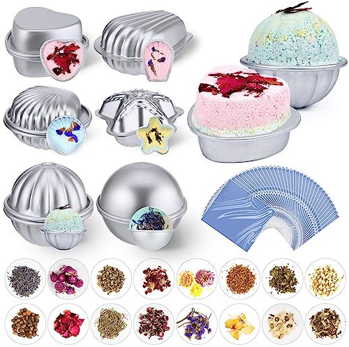 Bokon 128-teiliges Badebomben-Formen und getrocknete Blumen-Set, inklusive 12 Badebombenformen, 100 Stück Schrumpffolienbeutel, 16 Beutel getrocknete Blumen für DIY Seife Geschenke Herstellung Zubehör