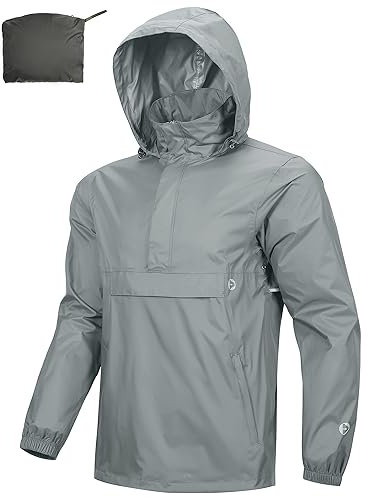 Outdoor Ventures Rain Jacket for Men Waterproof Pullover Lightweight Hooded Windbreaker Outdoor Raincoat Packaway Breathable Windproof Shell Jacket for Travelling, Camping, Running, Hiking Grey M
