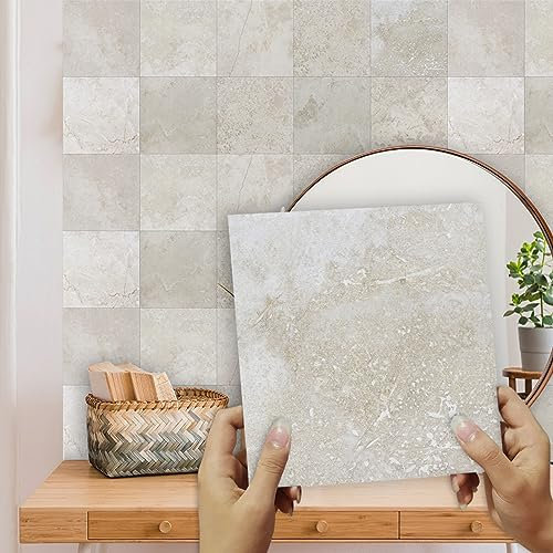 Piastrelle Adesive Cucina Minimalista Marmo Beige Mattonelle Adesive Bagno Pavimento PVC Adesivo Impermeabile a Prova di Spruzzi Mattonelle Adesive Resistente al Calore Adesivi Murali 20x20cm/10 Pcs