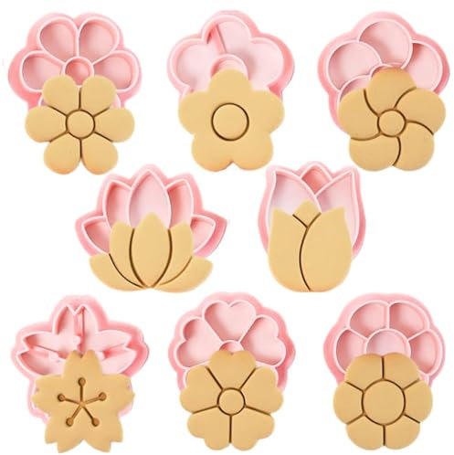 Cortadores de galletas de flores, cortador de galletas de flores 3D y sello, 8 estilos de mini flores de primavera sellos de galletas para hornear