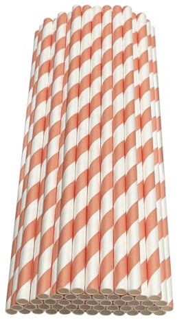 Haobase Lot de 50 pailles en papier biodégradables pour boire, cocktail, café, boissons froides, motif à rayures, blanc/rose foncé