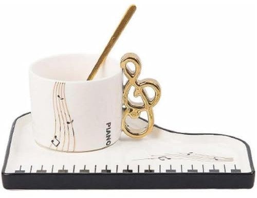 FülleMore Kreative Klavier Kaffeetasse mit Unterteller und Löffel,200ml Keramik Cappuccinotasse Süß Musiknoten Espressotasse Mochatasse Geschenk für Mutter freundin Geburtstag Valentinstag (Weiß)