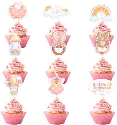 ALEGRE Babyparty Tortendeko Taufe Mädchen, 18 Stück It's A Girl, Baby Girl Cupcake Topper Rosa, Baby Shower Gender Reveal Party Deko für Taufe