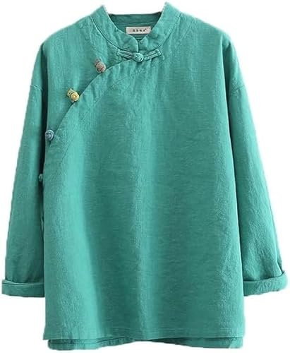 Chemisier chinois Ramie pour femme - Coton et lin - Chemise Hanfu d'été traditionnelle - Costume de méditation avec manches longues - Tunique rétro - Costume de méditation, Vert, S