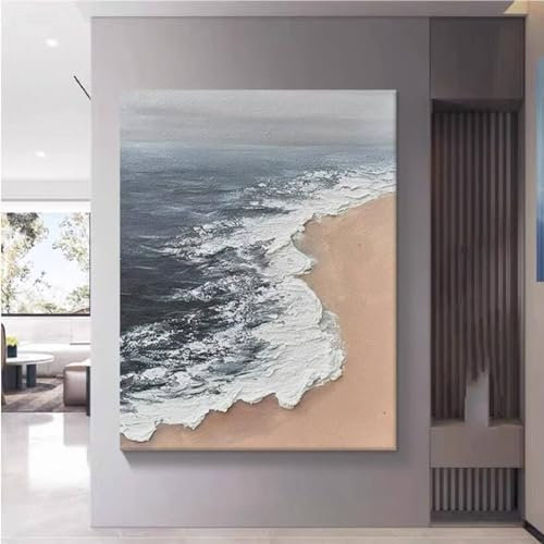 Handgemaltes Ölgemälde – Minimalistische Wabi-Sabi-Windwellen-Strandstruktur, Großes Sofa-Hintergrundwand-Dekorationsgemälde, Wohnzimmer-Sofa-Hintergrund-Wanddekorationsgemälde, Wie Abgebilde