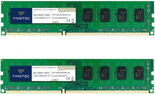 Timetec 16 Go KIT(2x8 Go) DDR3 1600 MHz (DDR3-1600) PC3-12800 (PC3-12800U) Non-ECC Unbuffered 1,5 V CL11 2Rx8 Double rangée 240 Broches UDIMM mémoire RAM (SDRAM)