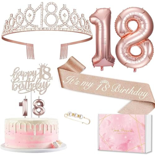 Decorazione per 18° Compleanno Ragazza - Corona, Fascia, Decorazione Torta, Candele, Palloncino in Lamina Oro Rosa - Regalo per Feste
