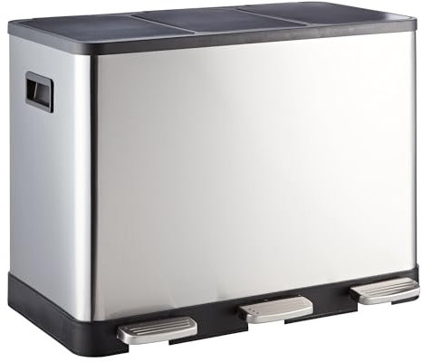 Home Treats 42 Litre Silver Pedal Bin 3 x 14 Litre Compartments Soft Close Metal Trash Can With Handles & Inner Buckets