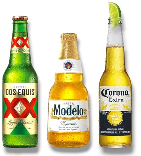 Mexiko Bier Mixpaket- Die beliebtesten Biere Mexikos- XX Dos Equis Lager Especial 0,33l,Cerveza Modelo Especial 0,35l & Corona Extra 0,33l- Inkl. Haus der Biere Berlin Bierdeckel (12 Flaschen)