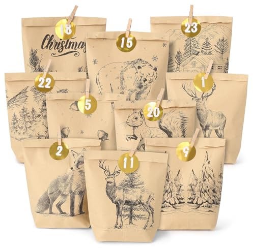 2025 Adventskalender zum Befüllen, 24 Adventskalender Tüten zum Basteln für Kinder und Erwachsene, Weihnachtskalender Selber Befüllen mit Zahlenaufkleber und Holzklemme, Motiv Cozy Winter Schwarz