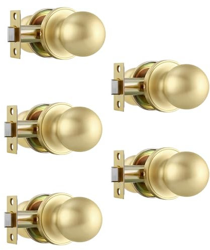 Leydebong 5 Pack Interior Door Knobs, Satin Brass Door Handles, Keyless Non-Locking Passage Door Knobs