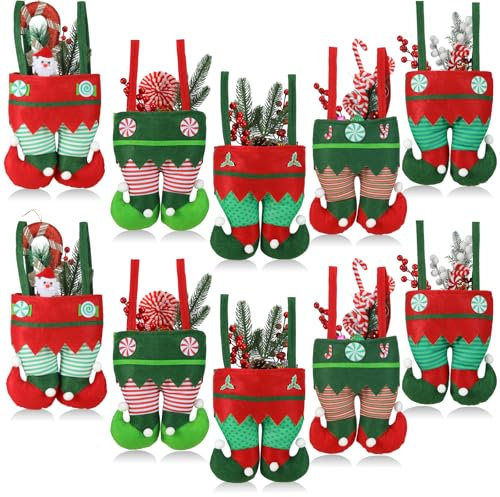 MSQ 10Pcs Elf Pants Gift Bags with Handle,Christmas Bag Elf Pants Candy Gift Bag Wine Bottle Bag Favor Treat Bag Christmas Tree Hanging Ornaments for Xmas New Year Presents Christmas Tree Decoration